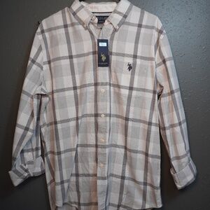 U.S. Polo Assn. Men's Grey and White Long Sleeve Button Down Shirt Size Medium